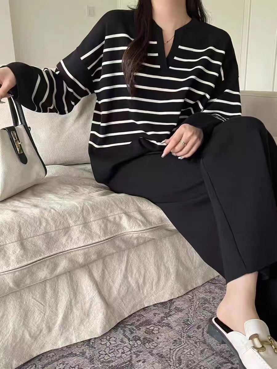 Stylish Two-piece Set: Loose Striped Knit Top, Casual High-waisted Wide-leg Knit Pants