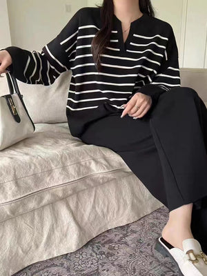 Stylish Two-piece Set: Loose Striped Knit Top, Casual High-waisted Wide-leg Knit Pants