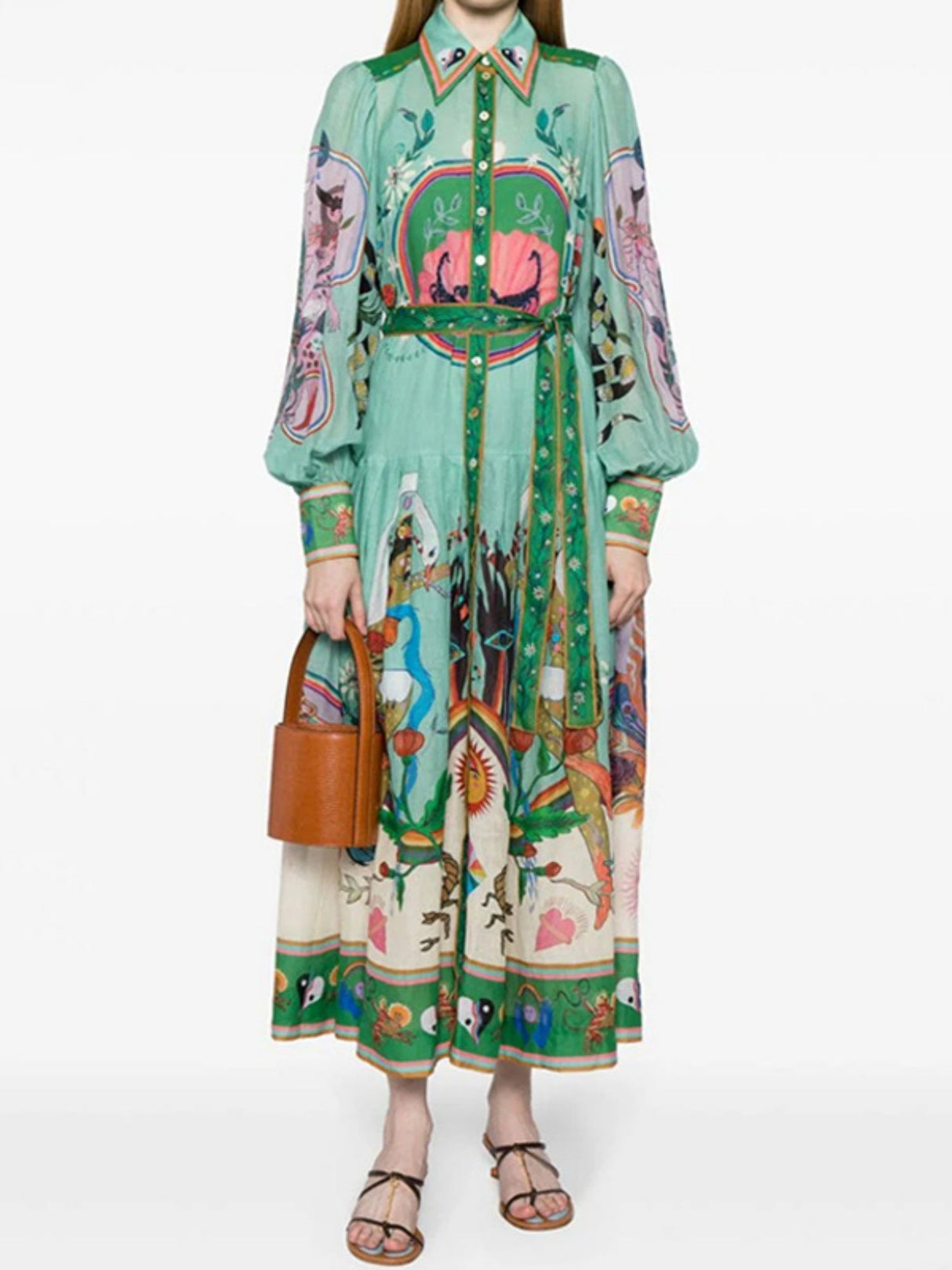 Robes maxi bohèmes à imprimé floral, col polo et manches lanternes