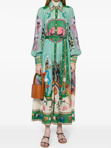 Robes maxi bohèmes à imprimé floral, col polo et manches lanternes