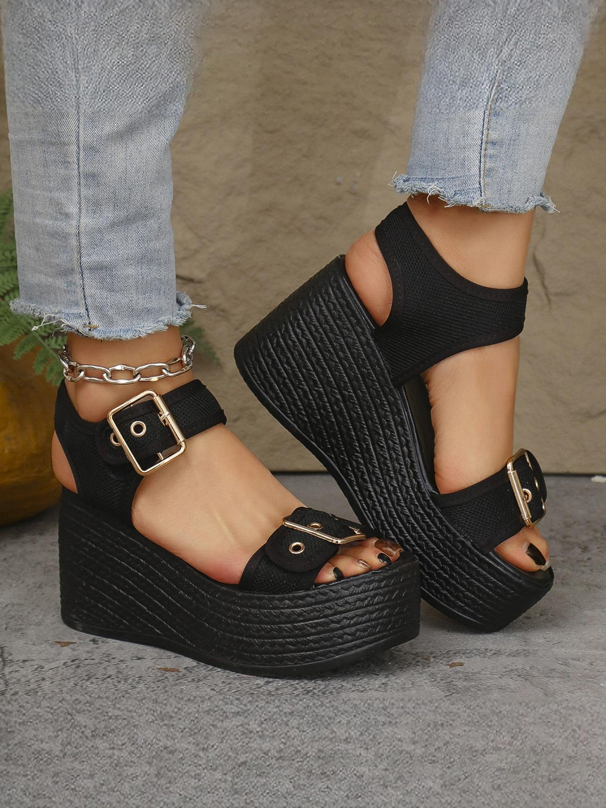 Metal Buckle Vacation Wedge Platform Sandals