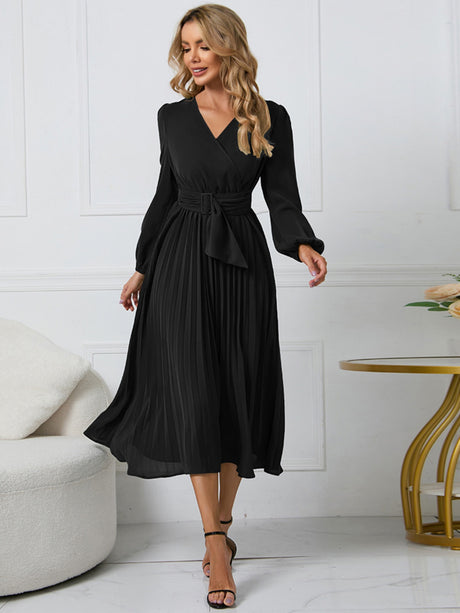 Pleated Skirt V-neck Tie Maxi Dresses