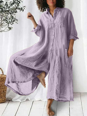 Long-sleeved Mid-length Cotton Linen Shirt Jumpsuit