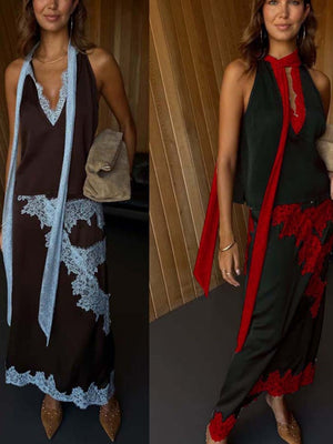 Asymmetrical Spliced Lace Color Matching Jacket Skirts Set 2-piece Sets