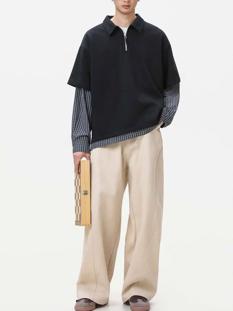 Layered-look Color-blocked Plaid Notch-Collar Zipper Sweatshirts&Hoodies