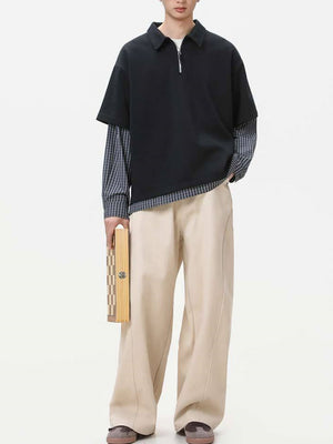 Layered-look Color-blocked Plaid Notch-Collar Zipper Sweatshirts&Hoodies