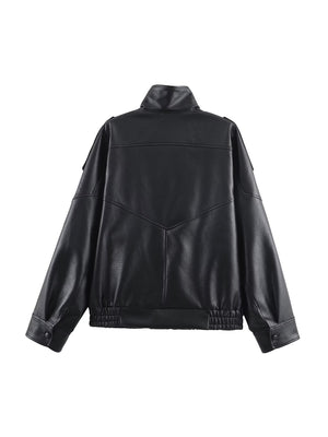 Pocket Stand-up Collar Faux Leather Jacket