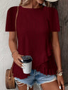 Jacquard Hollow Out Ruffle Crew Neck Short Sleeve T-shirts
