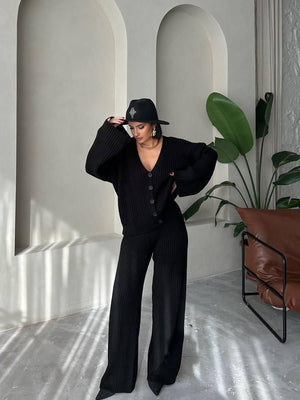 Leisure Solid Color Long Sleeve Buttons Sweaters Cardigans Pants Two-piece Suit