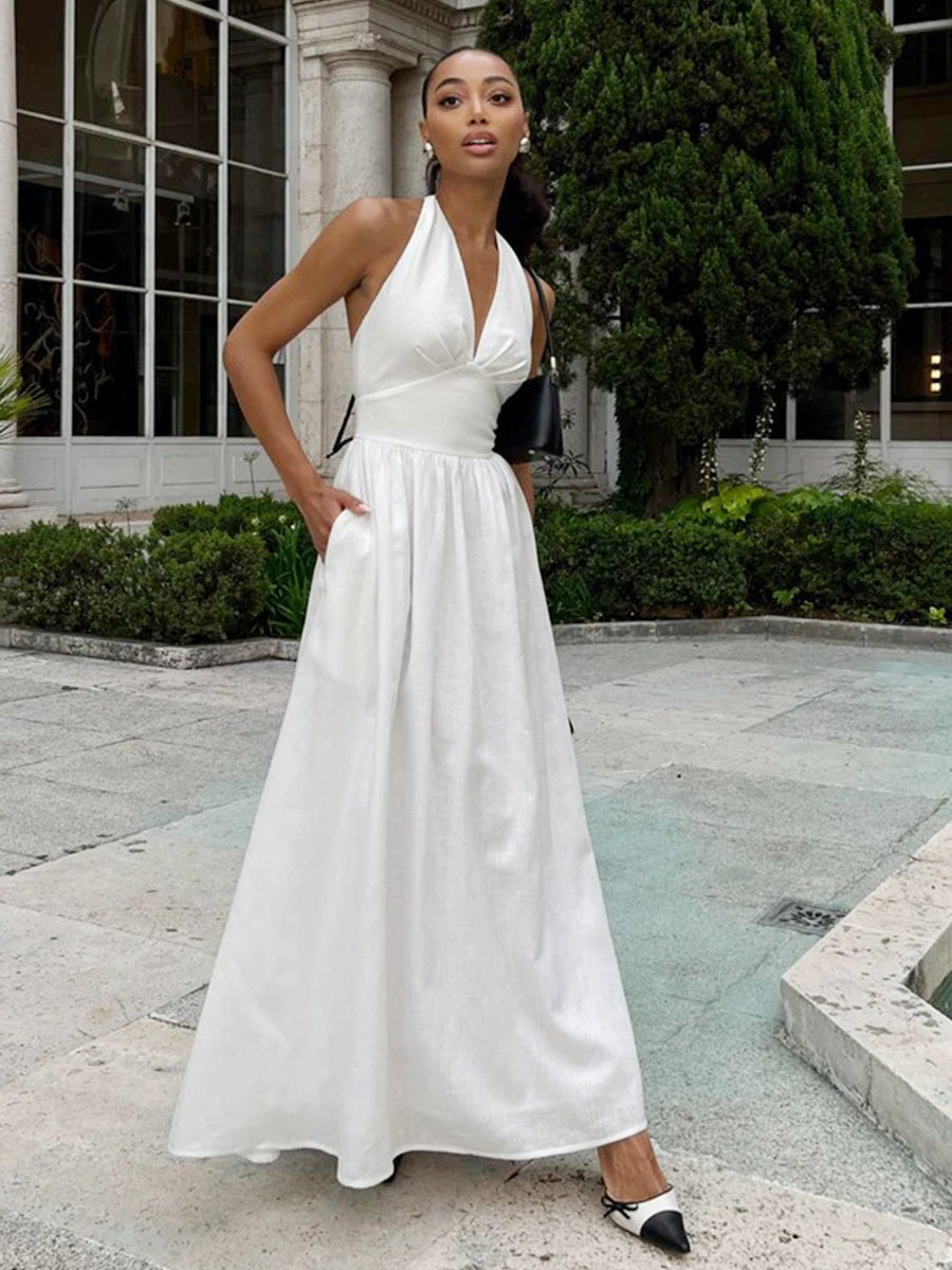 Halter V-neck Solid Color Maxi Dresses