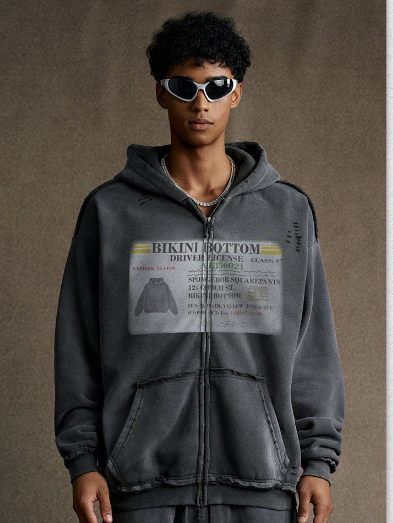 Distressed Washed Printed Hoodies Cardigan