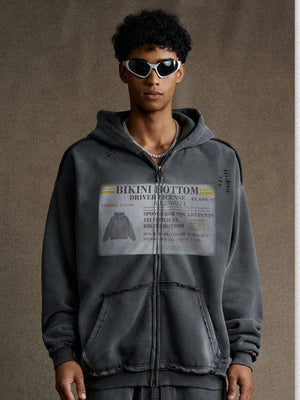 Distressed Washed Printed Hoodies Cardigan