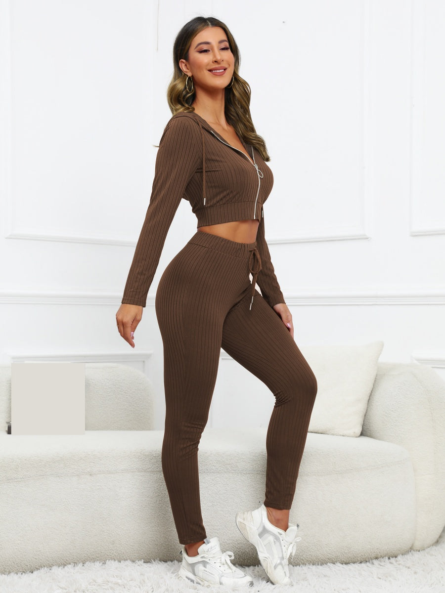 Jacket Skinny Jeans, Zip-up Cropped Hoodie Rib Casual Sportswear Two-piece Set