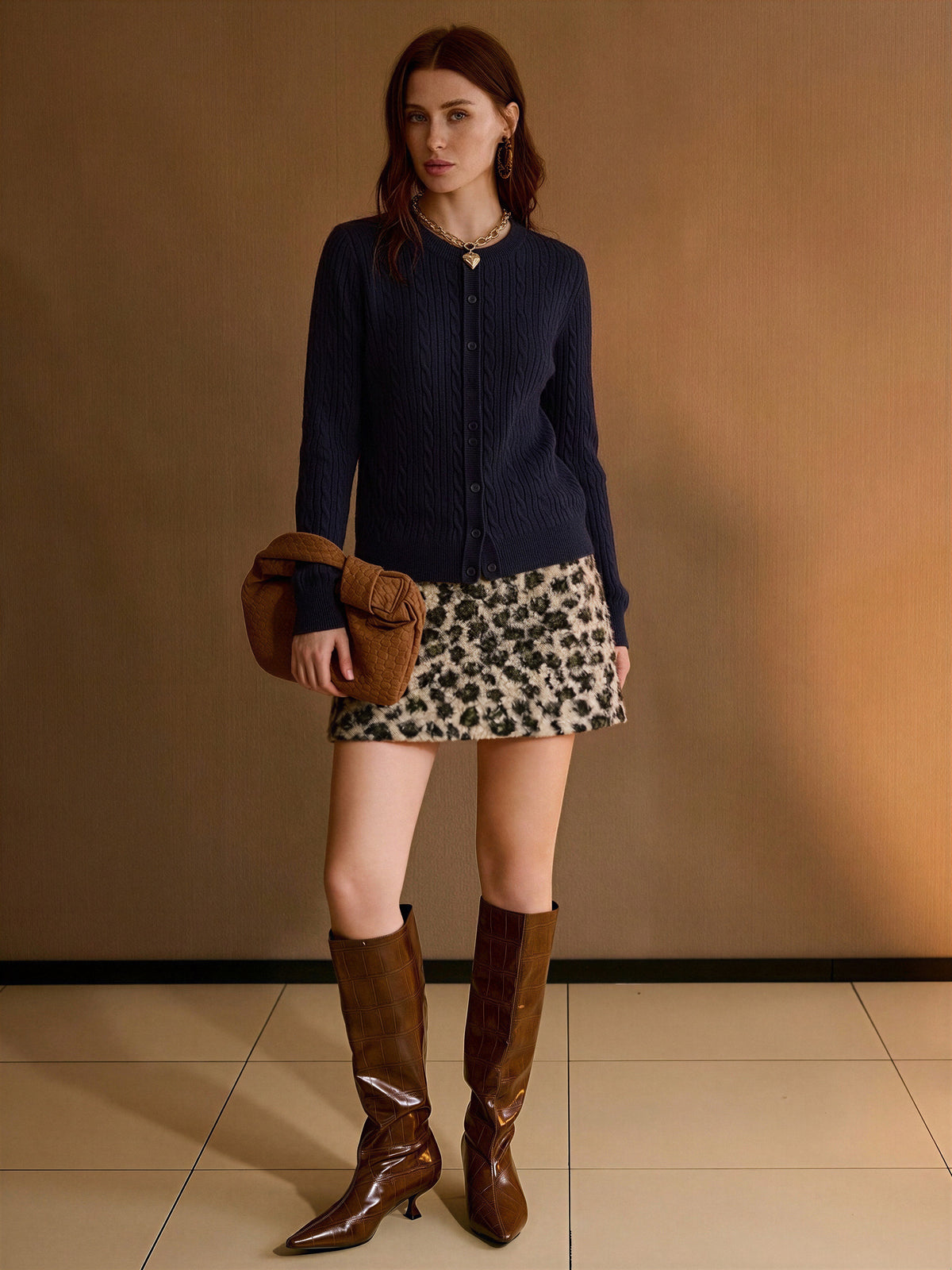 Wool Blend Cable Knit Crew Neck Single-breasted Cardigan