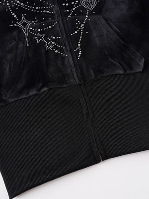 Printed Rhinestones Velvet Plush Patchwork Hoodies Zipper Cardigan