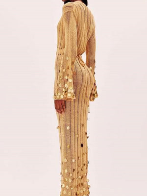V-neck Waist-cinching Belt Sequins Knitting Maxi Dresses