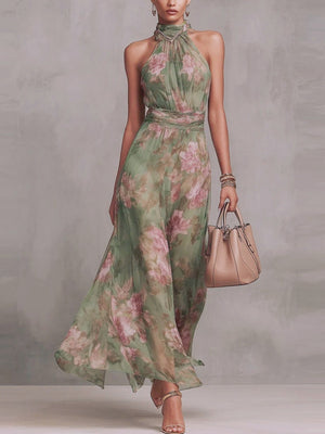 Floral Vacation Formal Dress Halter Maxi Dresses