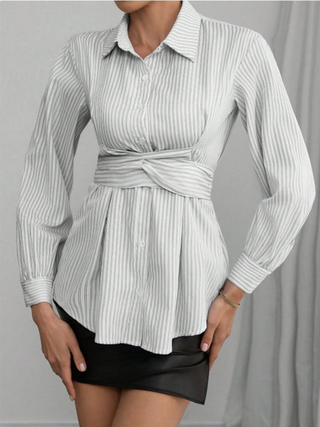 Stripes Long Sleeves Irregular Belt Shirts