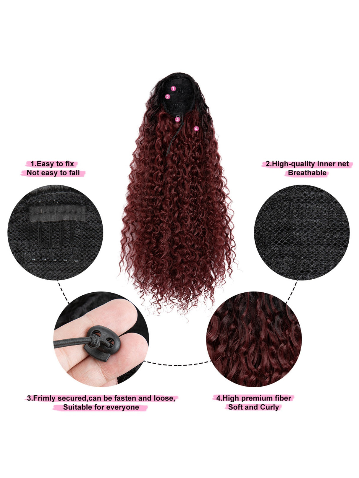 Drawstring Adjustable Synthetic Fiber Ponytail Wavy Curl Wig