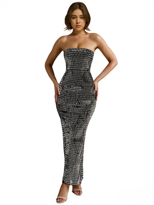 Strapless Rhinestone Hip-hugging Mesh Sequins Dinner Cocktail Maxi Dress