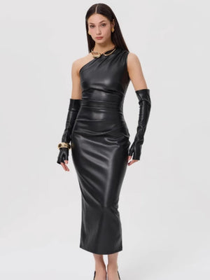 PU Leather Off-shoulder Wrap Pleats Are Sexy Bodysuit With Slits Midi Dresses