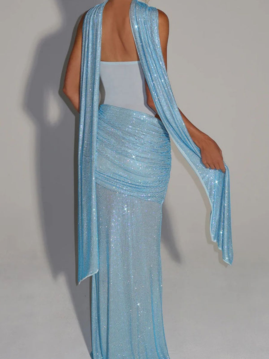 Tube-Top-Kleid mit Schleife, transparenten Details, eleganten Blitzlichtern, Partykleidern, Maxikleidern