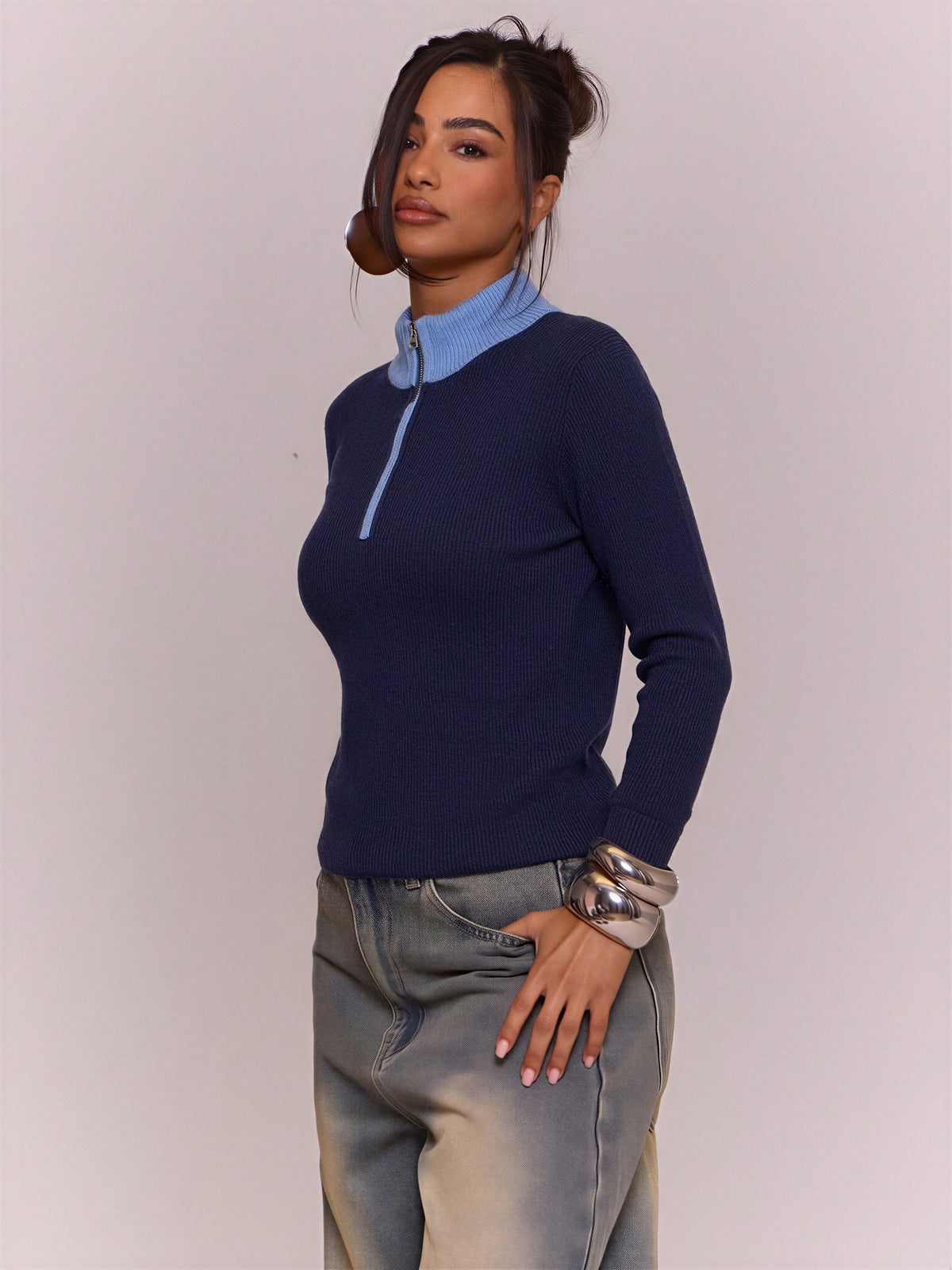 Wool Blend Color-blocked Half-zip Stand Collar Ribbed Pullover Sweater