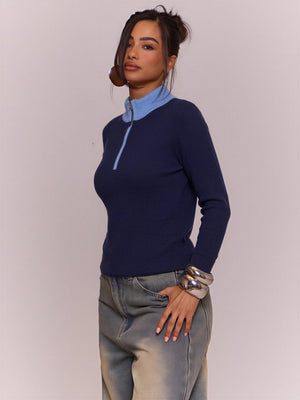 Wool Blend Color-blocked Half-zip Stand Collar Ribbed Pullover Sweater