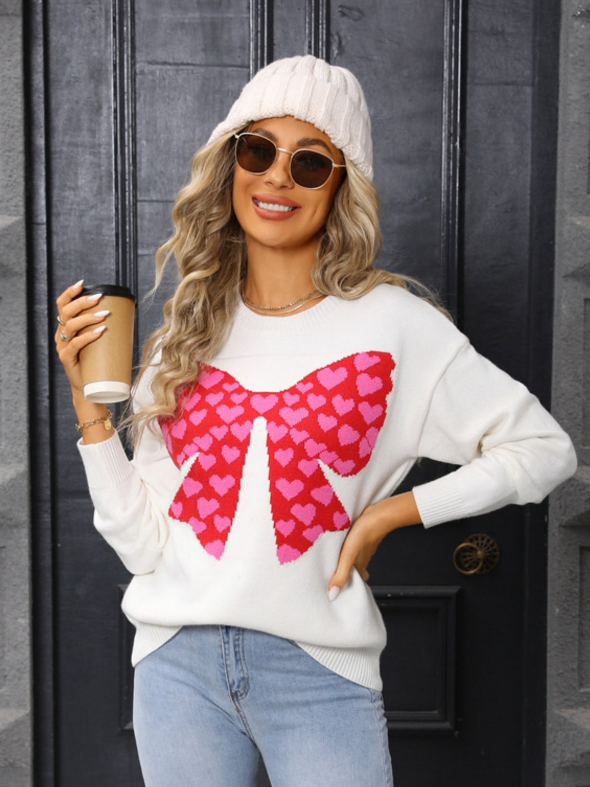 Bow Love Valentinstag Farbblock-Strickpullover