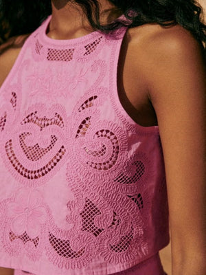 Pink Floral Cutout Sleeveless Top And A-line Skirt Two-piece Set