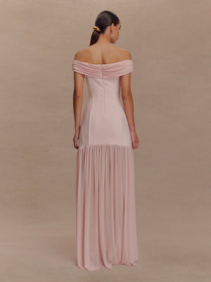 Mesh Splicing Off-shoulder Pleated Backless Maxi Dresses
