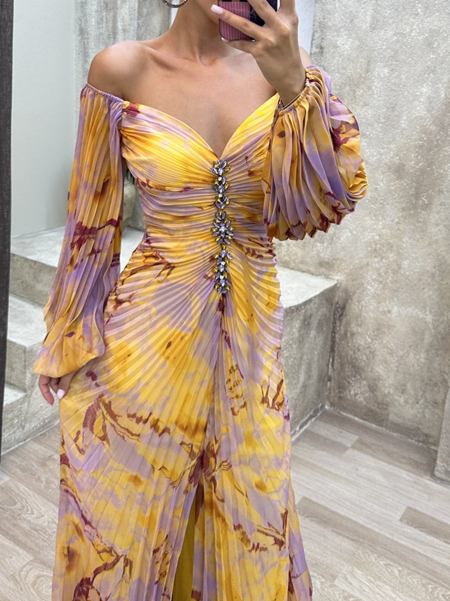 Crimp Long Sleeve Floral Printed Reunion Maxi Dresses