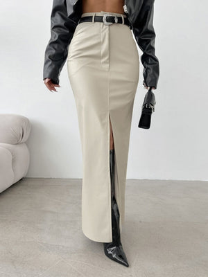 PU Leather High-waisted Slim Fit Hip Body Slit Longline Skirts