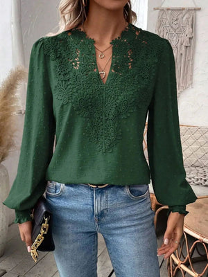 Lace Trim V-neck Long Sleeve Shirt T-shirts