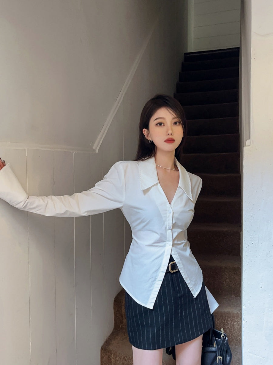 White Collared Long-sleeved Shirt For Women, Slim Fit, Waist-cinching Design, Unique And Stylish Top.