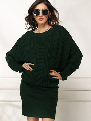 Knitting Crew Neck Loose Jacquard Long Sleeve Mini&Short Dresses