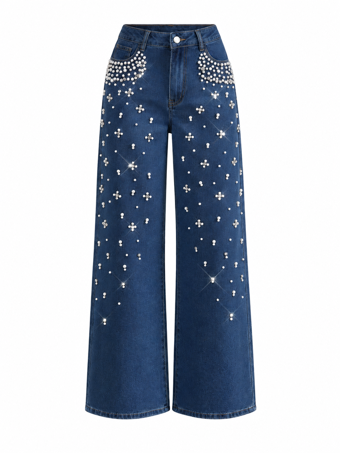 Women's Autumn/Winter Beaded High-Waisted Wide-Leg Jeans