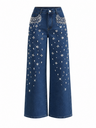 Women's Autumn/Winter Beaded High-Waisted Wide-Leg Jeans