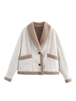 Lapel Pocket Button Wool Coat With Fur Trim, Long Sleeves, Autumn And Winter Coat