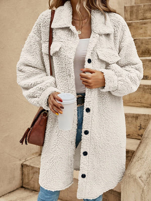 Open Buckle Lapel Pocket Plush Loose Coats
