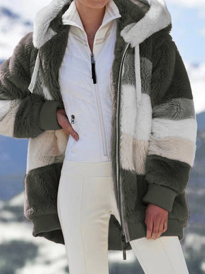 Loose Solid Color Plush Zipper Hood Color-block Jacket