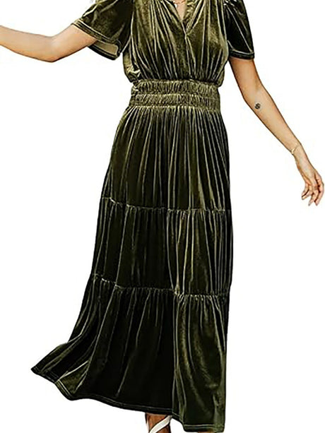 Splicing Short Sleeve Velvet Maxi Dresses