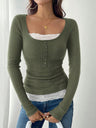 Square Collar Lace Single-breasted Slim-fit Long-sleeved T-shirt