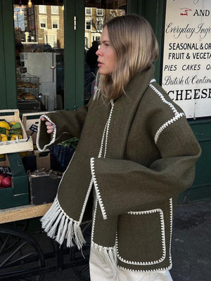 Wool Coat With Scarf And Tassels, Warm And Thick For Autumn And Winter.