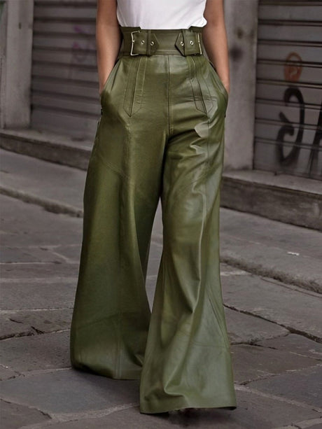 PU Straight-leg Leather Patchwork Trousers
