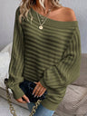 Solid Color 3D Striped Off-shoulder Batwing Sleeve Pullover Knit Sweater