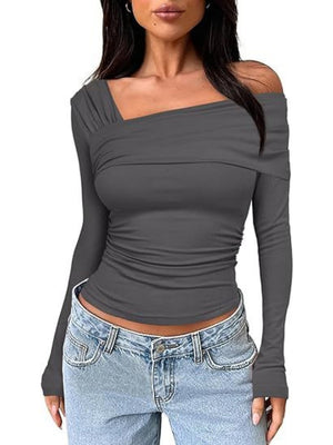 One Shoulder Long Sleeve Pleats Slim Fit T-shirts