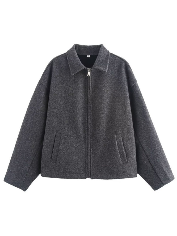 Lapel Zipper Solid Color Simple Oversized Woolen Jacket