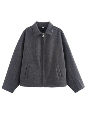 Lapel Zipper Solid Color Simple Oversized Woolen Jacket