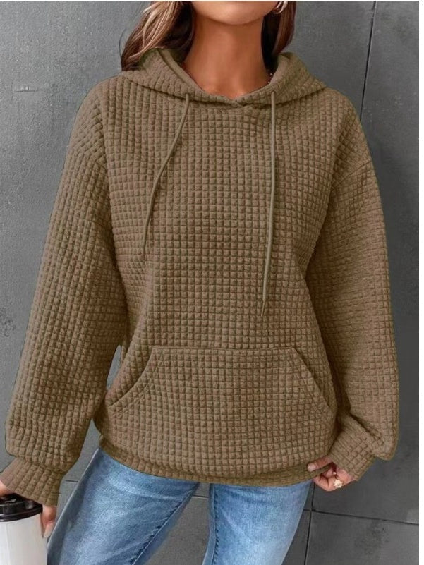 Waffle Crew Neck Long Sleeve Pocket Solid Color Hooded Sweatshirts&Hoodies